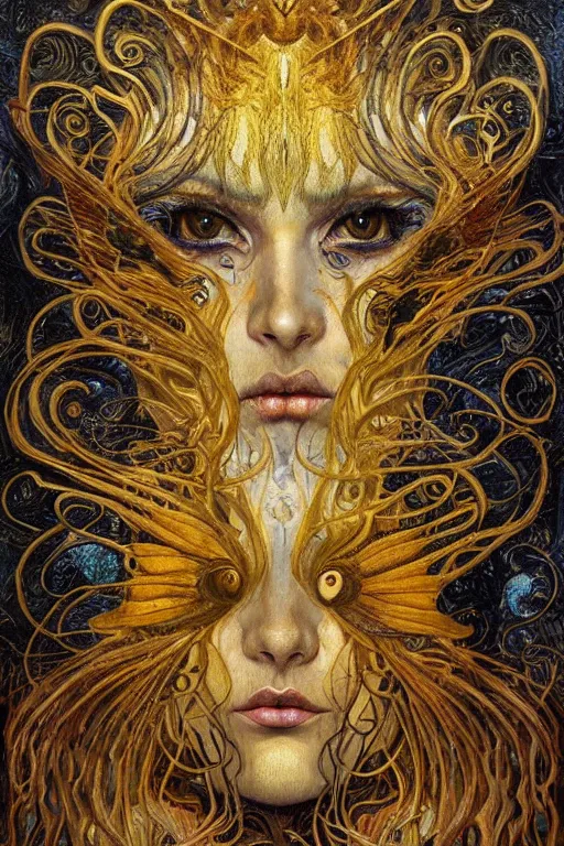 Image similar to Metamorphosis by Karol Bak, Jean Deville, Gustav Klimt, and Vincent Van Gogh, transformational chimera portrait, visionary, hair made of cicada wings, transformation, chimera, metamorphosis, otherworldly, fractal structures, ornate gilded medieval icon, third eye, spirals, horizontal symmetry