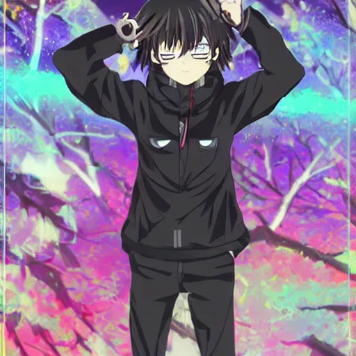 Prompt: anime cat boy dressed in black, inside a sleeping bag, psychedelic, highly detailed upper body, professionally post - processed, beautiful, epic, anime masterpiece, ilya
