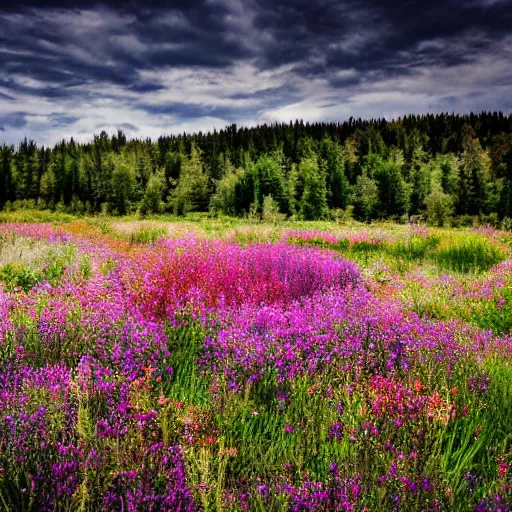 Prompt: a beautiful meadow in the middle of dirty industrial complex,