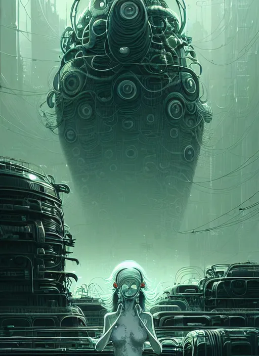 Image similar to highly detailed portrait of a biopunk long curly white hair tribal lady, stray wiring by atey ghailan, james gilleard, by joe fenton, by greg rutkowski, by greg tocchini, by kaethe butcher, 4 k resolution, gradient green, black and white color scheme!!! ( ( irradiated robotic dystopian city background ) )