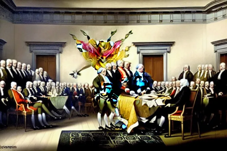 Image similar to john trumbull's famous painting of the signing of the declaration of independence. at least half of the men are clearly vampires, taller and with black hair and black and red capes.