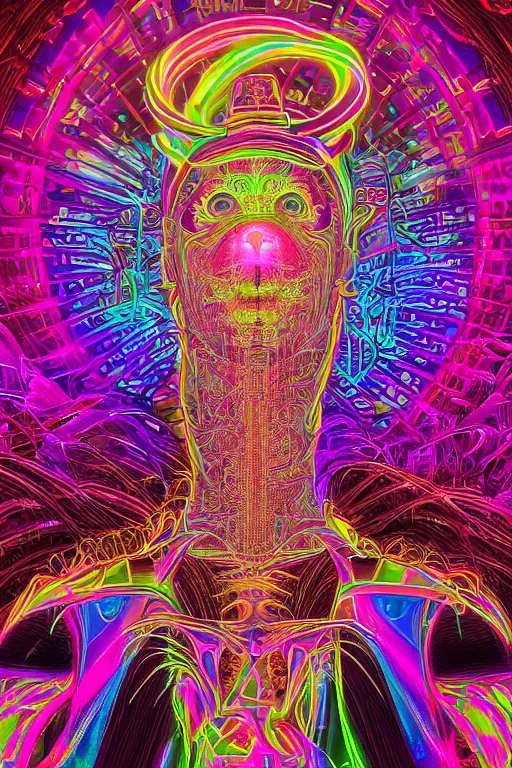 Image similar to a detailed digital neon illustration of the burningman effigy in the style of Alex Grey, lisa frank, beeple, dan mumford. maya render, trending on artstation, greg rutkowski very coherent symmetrical artwork, psychedelic, fantasy, 8k, 3d render, intricate, symmetry, cinematic, hyper realism, high detail, 8k, iridescent accents