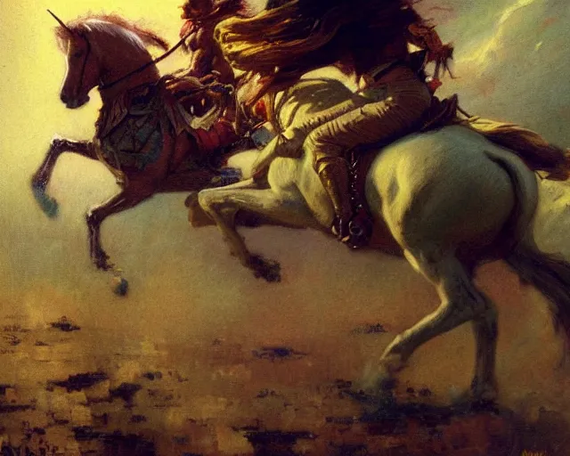 Image similar to rider on a unicorn through the dark, painting by gaston bussiere, craig mullins, j. c. leyendecker