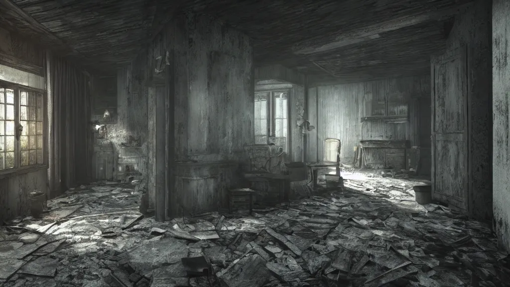 Prompt: A ghost in the shadows of a dark decrepit cottage, highly detailed interior, hyperrealistic, Lumion render, 8k UHD