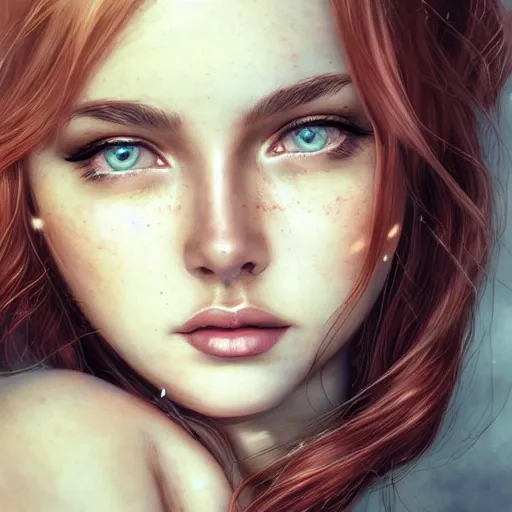 Image similar to a gorgeous female photo, professionally retouched, soft lighting, wearing sundress, illuminated by moonlight realistic, smooth face, redhead, light freckles, perfect eyes, wide angle, sharp focus on eyes, 8 k high definition, insanely detailed, intricate, elegant, art by artgerm and wlop