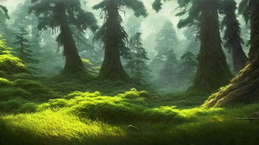 Image similar to forest clearing landscape, studio ghibli, pixar and disney animation, sharp, rendered in unreal engine 5, highly detailed, digital painting, artstation, concept art, smooth, sharp focus, illustration, wide angle, artbook, wallpaper, splash art, promo art, dramatic lighting, art by artgerm and greg rutkowski and bo chen and jin xiaodi