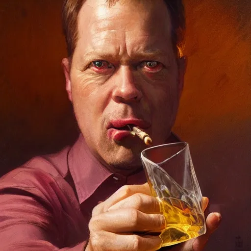 Image similar to barney from barney the dinosaur drinking whisky and smoking a cigar, portrait art by donato giancola and greg rutkowski, realistic face, digital art, trending on artstation