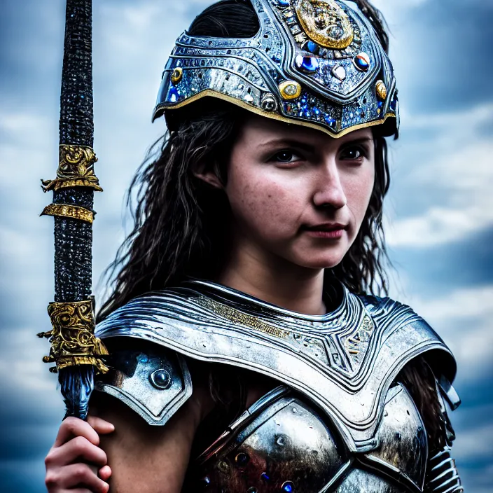 Image similar to photo of a cute warrior queen wearing sapphire encrusted armour, highly detailed, 4 k, hdr, smooth, sharp focus, high resolution, award - winning photo