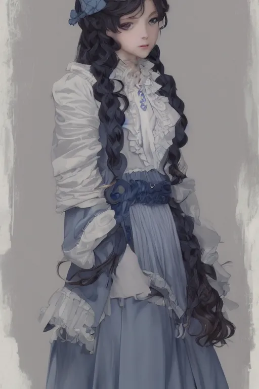 Image similar to a character design of young black lolita dressed girl, grey and blue theme, wavy white long hair by krenz cushart and mucha and akihito yoshida and greg rutkowski, detailed eyes, 4 k resolution