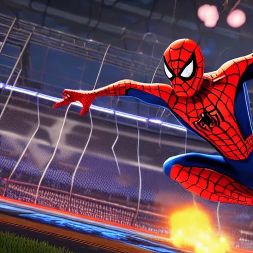 Image similar to spiderman in rocket league, teaser trailer photo