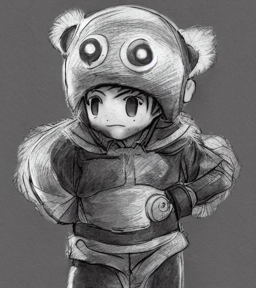 Image similar to attractive little boy wearing an cyborg bear suit, artwork in kentaro miura and made in abyss and inazuma eleven, smooth, beautiful lightness, anatomically correct, trending on pixiv, fantastic composition, realistic