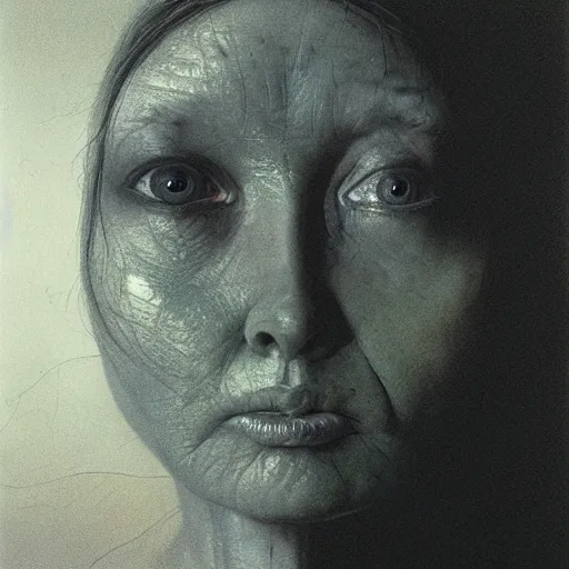 Image similar to portrait photo of a woman by Zdzislaw Beksinski, black eyes, black shiny tubes are wrapped around her