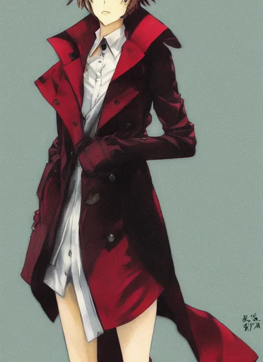 Prompt: luxury advertisement, medium close-up of a manga girl with a red trenchcoat by krenz cushart, Sasoura, Satchely and Akihiko Yoshida, black medium length Dutch bob cut hair with straight bangs, poster