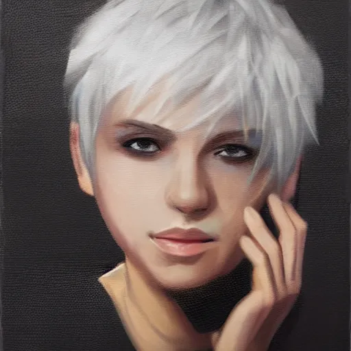 Image similar to Oil portrait with broad brush strokes of a girl with short white hair and black eyes in Final Fantasy style, abstract black and white background, large film grain, smooth gradients, sharp shapes