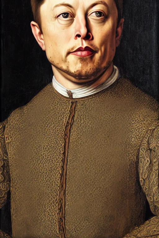 Image similar to renaissance 1 6 0 0 portrait of elon musk, oil painting by jan van eyck, northern renaissance art, oil on canvas, wet - on - wet technique, realistic, expressive emotions, intricate textures, illusionistic detail