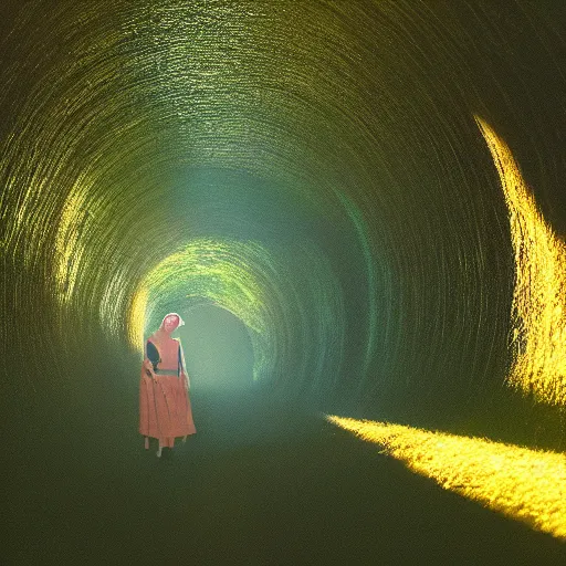 Prompt: sisters meet in dark lush tunnel, cinematic lighting, wispy clouds, positive dawn,