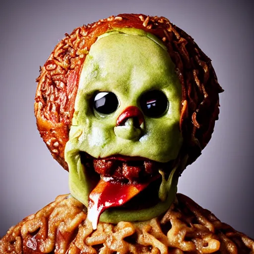 Image similar to a humanoid bipedal upright zombie that strongly resembles a hamburger, professional food photography