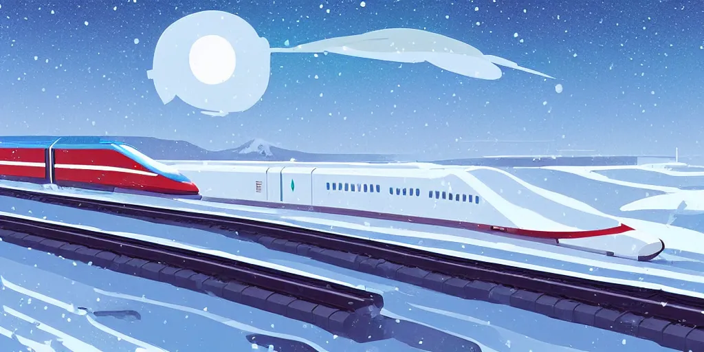 Image similar to A supersonic maglev train in North Pole riding though snow, cold, snowy, art by James Gilleard, James Gilleard artwork