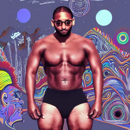 Prompt: kaytranada with the physique of a bodybuilder, photorealistic, detailed, cinematic, intricate, digital art,