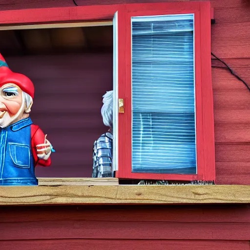 Prompt: guy fieri lawn gnome watching through the window, realistic 4k photo