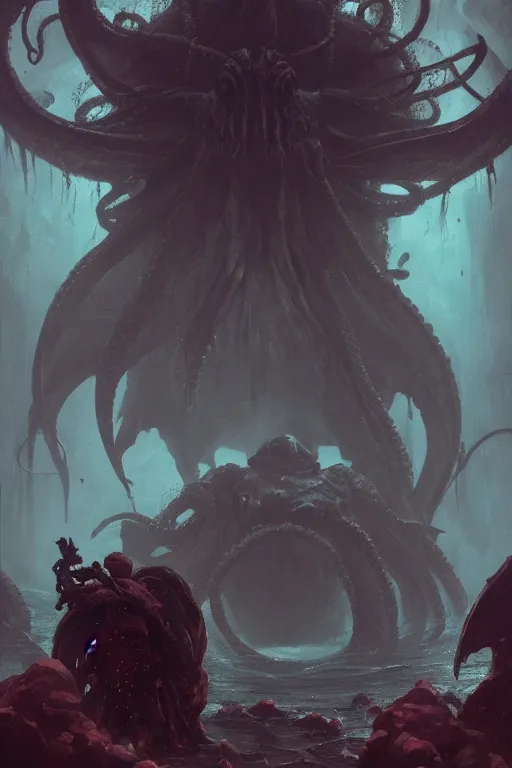 Image similar to cthulhu dreaming at the bottom of the ocean, huge, towering, gigantic, high octane, 8 k, digital art, magic the gathering, mtg, by greg rutkowski, trending on artstation