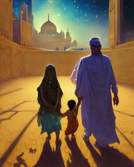 Image similar to bedouin man and woman and child in galaxy walking towards mosque surrounded by nebula, highly detailed, gold filigree, romantic storybook fantasy, soft cinematic lighting, award, disney concept art watercolor illustration by mandy jurgens and alphonse mucha and alena aenami, pastel color palette, featured on artstation