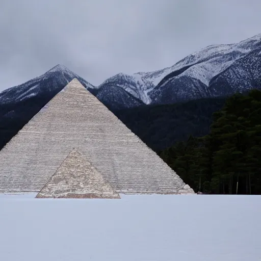 Image similar to a monolithic pyramid in a taiga next to a snowcapped mountain.