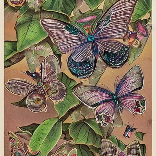 Prompt: vintage botanical poster of mechanical cyberpunk butterflies, extremely detailed, very intricate, colorful