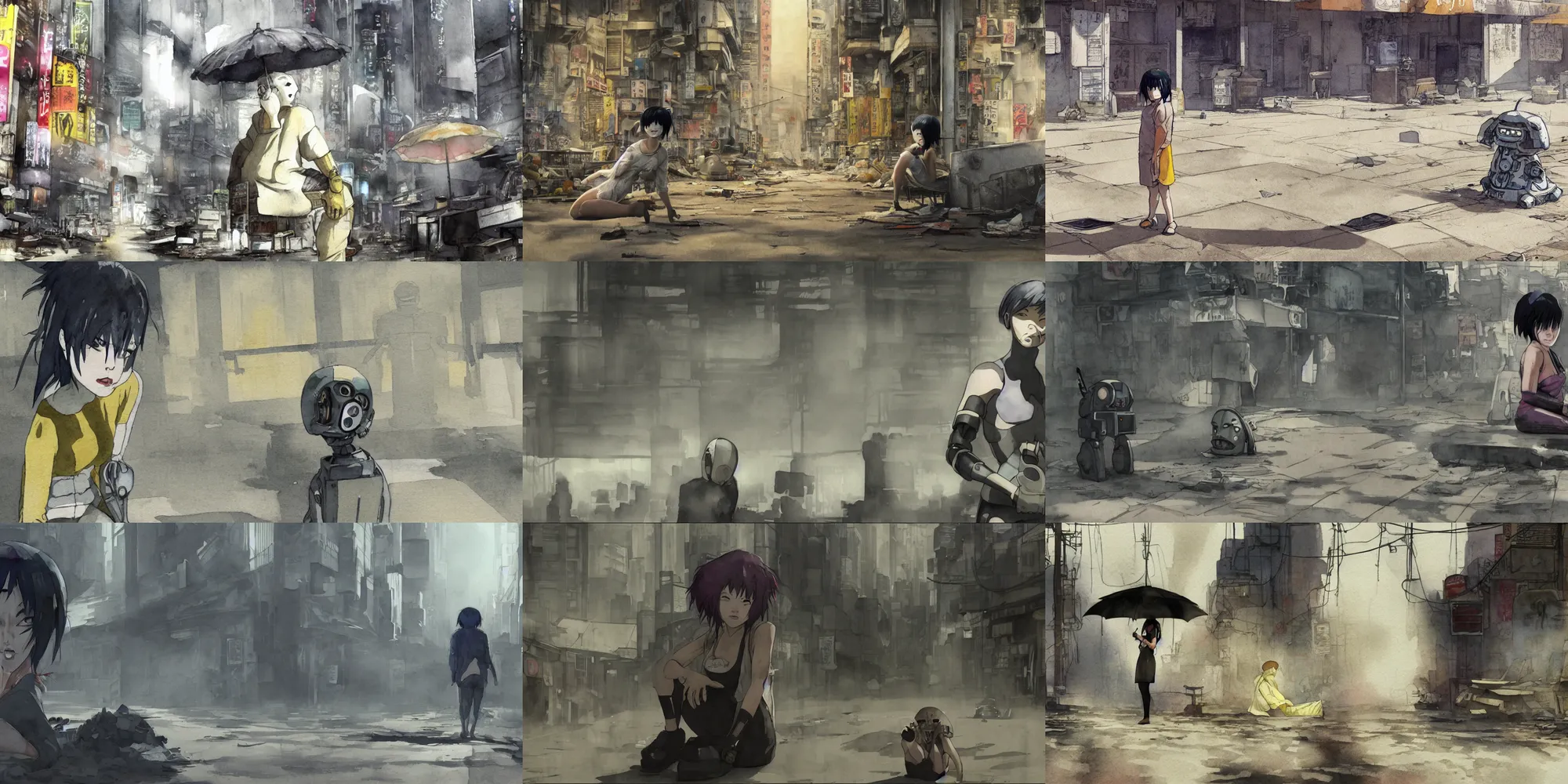 Prompt: incredible wide screenshot, simple watercolor, paper texture, ghost in the shell movie scene, distant shot of girl side view sitting under a yellow striped parasol in deserted dusty shinjuku junk town, old pawn shop, bright sun bleached ground ,scary chameleon face muscle robot monster lurks in the background, ghost mask, teeth, animatronic, black smoke, pale beige sky, junk tv, texture, strange, impossible, fur, spines, mouth, pipe brain, shell, brown mud, dust, bored expression, overhead wires, telephone pole, dusty, dry, pencil marks, shinjuku, katsuya terada, masamune shirow, tatsuyuki tanaka hd, 4k, remaster, dynamic camera angle, deep 3 point perspective, fish eye, dynamic scene