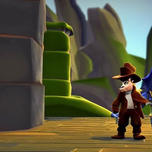 Prompt: screenshot of a humanoid inspector badger with a brown trenchcoat as an npc in spyro the dragon video game, with playstation 1 graphics, activision blizzard, upscaled to high resolution