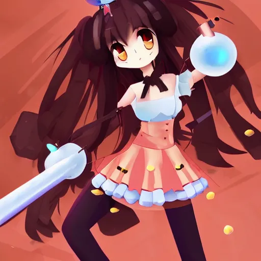 Prompt: anime girl with steampunk weapons stabbing giant marshmallows, surreal, lush, cute animation, anime, finely detailed, steampunk armor, copper, particles,