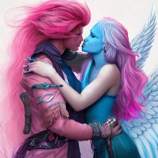 Image similar to fierce warrior mage kissing warrior angel with pink hair, blue piercing eyes, mystery, beautiful aesthetic, by james jean, trending on artstation, ultra realistic, iso 4 0 0, f - stop 2