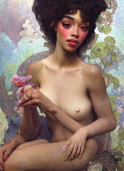 Image similar to a realistic oil painting of a beautiful young woman resembling winnie harlow, crystal encrustations, underwater, fantasy art, by mucha, by bouguereau, intricate, colorful