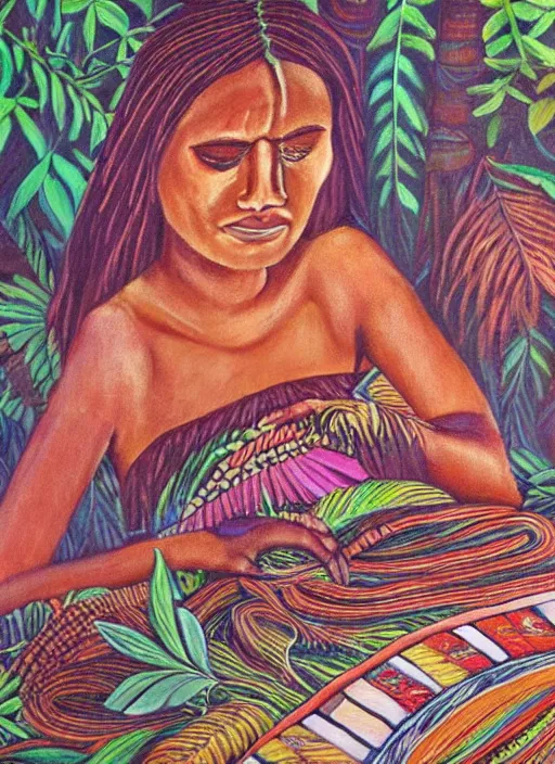 Prompt: a beautiful painting of an indigenous female doing crafting of a beautiful fabric in the jungle, realistic, ayahuasca