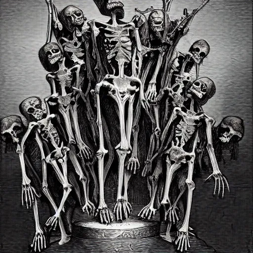 Prompt: congregation of skeletal ferrets worshipping a shining idol, Gustave Dore art style, grunge, matte