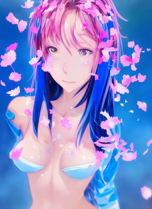 Prompt: gorgeous anime in bikini covered in translucent blue and pink leaf and petals in the style of stefan kostic, cute - fine - face, dasha taran, backlit, refracted lighting, elegant, half body shot, 8 k, insanely detailed, intricate, art by stanley lau, artgerm, wlop, kuvshinov ilya,