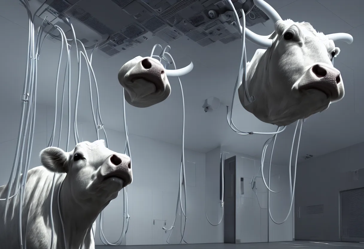 Prompt: Photo realistic render, Guernsey Cow looking into camera, in a clean futuristic advanced military medical bay with cables hanging from ceiling, cables on floor, beautiful face, voluptuous body, cyberpunk, sci-fi, fantasy, intricate, elegant, highly detailed, artstation, concept art, smooth, sharp focus, octane render, dramatic lighting, art by artgerm and greg rutkowski and alphonse mucha and wlop