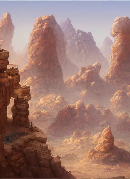 Image similar to a painting of a desert landscape with rocks and pillars, a detailed matte painting by tyler edlin, cgsociety, fantasy art, matte painting, concept art, matte drawing