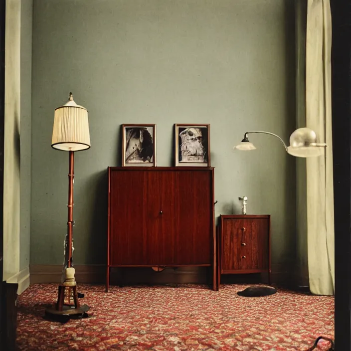 Image similar to kodak portra 4 0 0, wetplate, fisheye, award - winning portrait by britt marling, 1 9 2 0 s art deco room, ghost, picture frames, shining lamps, dust, smoke, 1 9 2 0 s art deco furniture, wallpaper, carpet, books, muted colours, wood, fog, plants, flowers