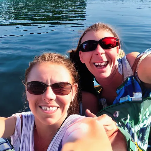 Prompt: selfie photograph of family summer boating on lake champlain