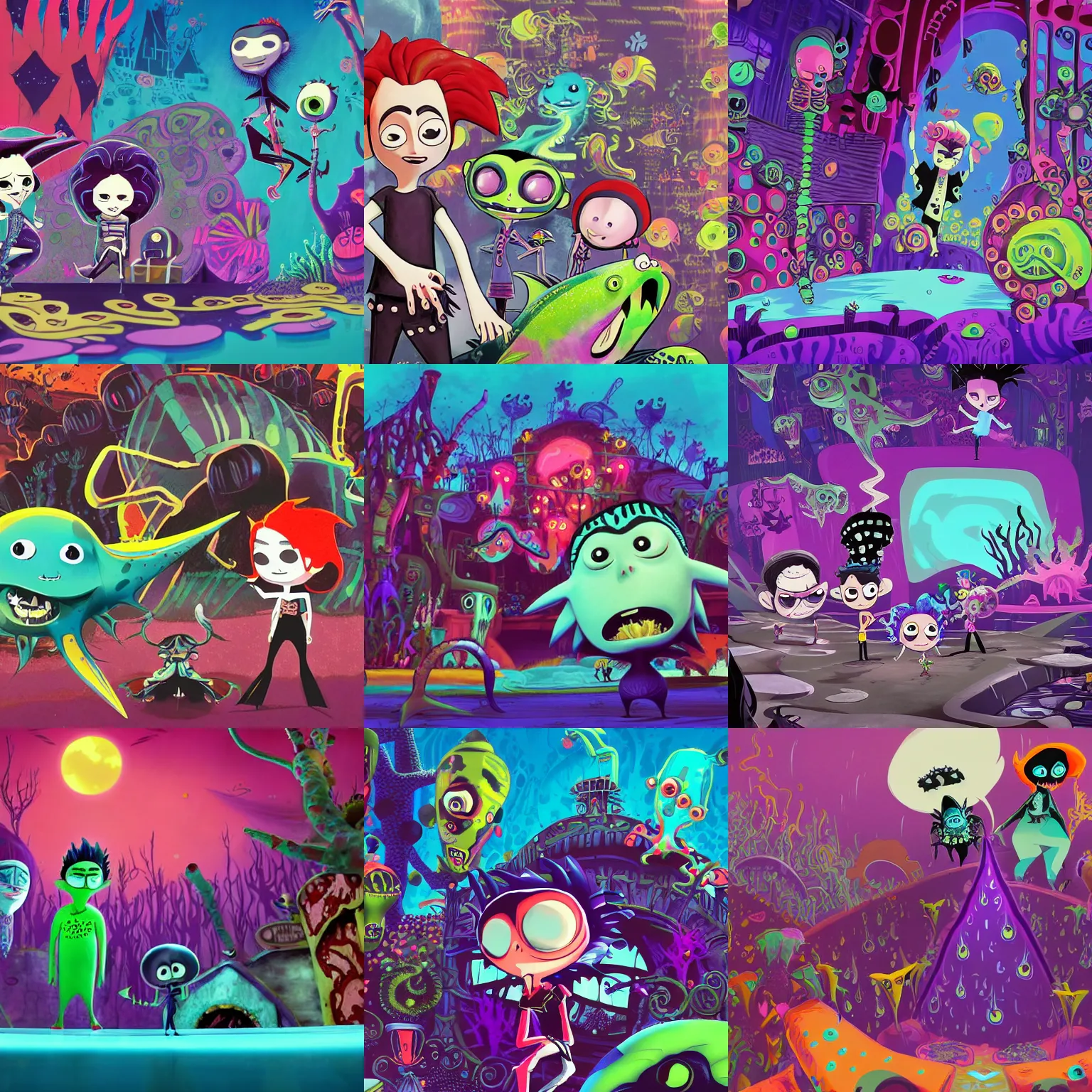Prompt: tim burton psychic punk rocker vampiric electrifying rockstar background designs of vibrant underwater locations filled with fish and coral by genndy tartakovsky and splatoon by nintendo and the psychonauts franchise by doublefine tim shafer artists and the creators of fret nice at pieces interactive for the new hotel transylvania film