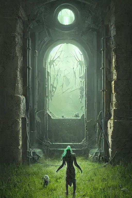 Image similar to portal from hell to a beautiful green meadow by giger, greg rutkowski