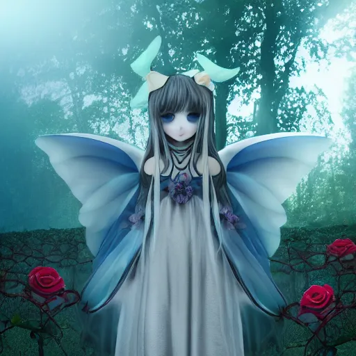 Image similar to cute fumo plush girl among vines in the middle of a foggy dark cursed rose garden under a blue sky, beautiful glowing ethereal gothic magical wraith fairy girl with dark eyes, horns, sheep girl, anime, tattered dress, bokeh, vray