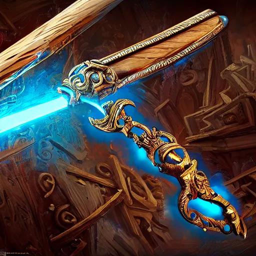 Image similar to fantasy greg rutkowski digital painting of an ornate and royal egyptian old twisted ornate runed wooden staff weapon with a blue crystal on top tip hovering, unreal engine, hyper realism, realistic shading, cinematic composition, blender render, octane render, hdr, detailed textures, photorealistic, 3 5 mm film