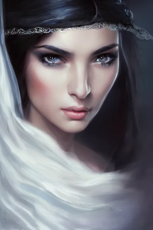 Image similar to Ameera al-Taweel, blue eyes, long wavy black hair, fierce look, white veil, closeup, focus face, elegant, highly detailed, centered, digital painting, artstation, concept art, art by WLOP