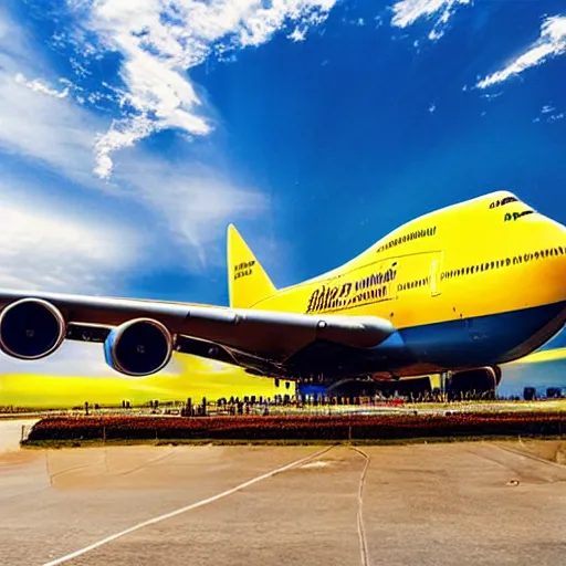 Prompt: a yellow 7 4 7 school bus flying, imax, dramatic sky