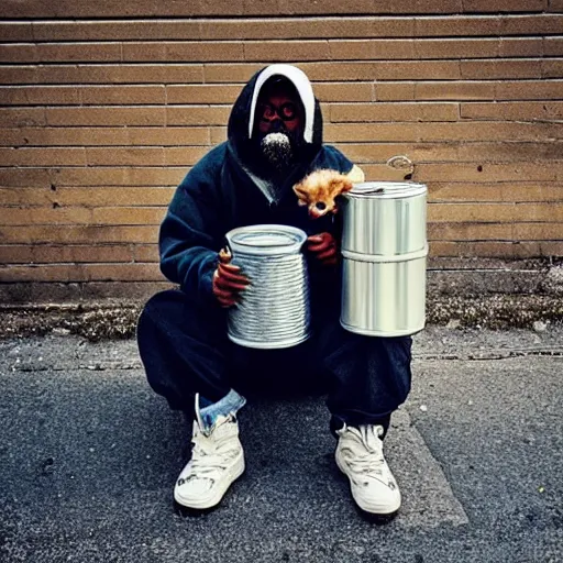 Image similar to “ hamster dressed as a homeless person sitting at an intersection with arms stretched out holding a tin can ”