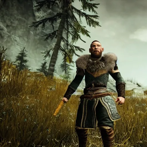 Image similar to character screenshot of conor mcgregor in skyrim, elf armor, ps 3 graphics, npc talking, wilderness, 1 0 8 0 p, bokeh, elder scrolls v, detailed, dialog text