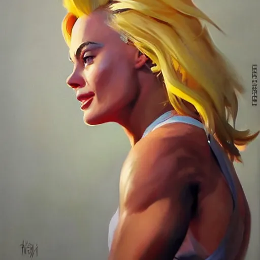 Prompt: greg manchess portrait painting of margot robbie as zarya from overwatch, medium shot, asymmetrical, profile picture, organic painting, sunny day, matte painting, bold shapes, hard edges, street art, trending on artstation, by huang guangjian and gil elvgren and sachin teng