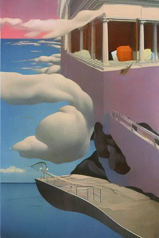 Image similar to surrealism!!!!! liminal vaporwave dreams, magical, painted by Edward Hopper, painted by salvador dali, painted by moebius, airbrush